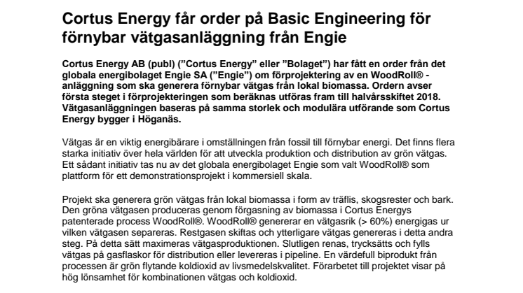 Cortus Energy får order på Basic Engineering för förnybar vätgasanläggning från Engie