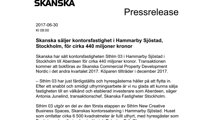 Skanska säljer kontorsfastighet i Hammarby Sjöstad, Stockholm, för cirka 440 miljoner kronor