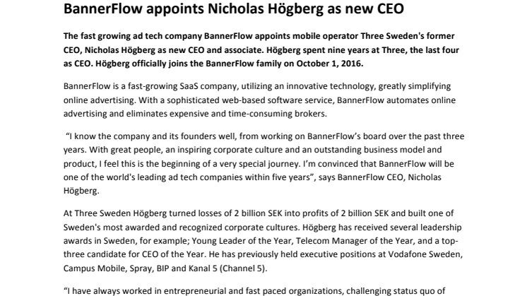 ​BannerFlow appoints Nicholas Högberg as new CEO