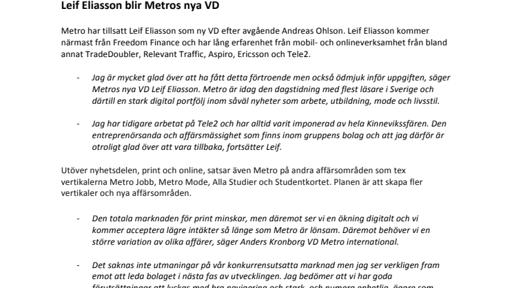 Leif Eliasson ny VD för Metro