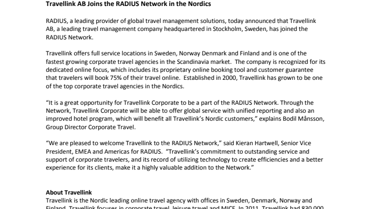 Travellink AB blir en del av RADIUS-nettverket i Norden