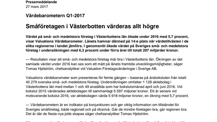 Värdebarometern Q1-2017 Västerbottens Län