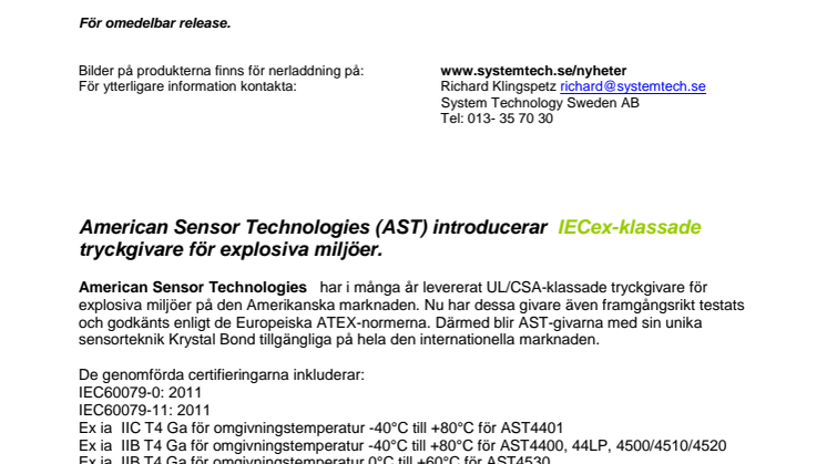 IECex-klassade  tryckgivare för explosiva miljöer