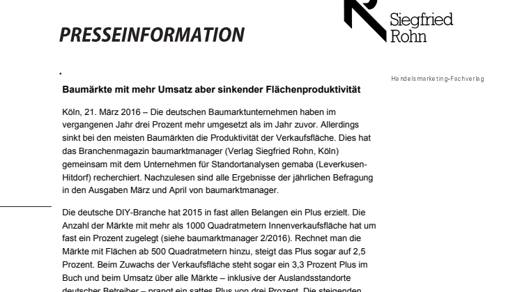 Baumärkte mit mehr Umsatz aber sinkender Flächenproduktivität