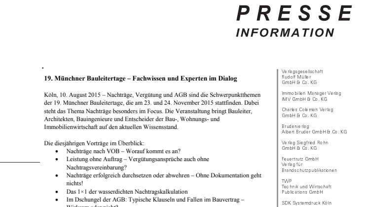 19. Münchner Bauleitertage – Fachwissen und Experten im Dialog