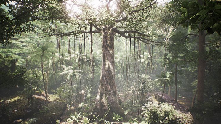 Det interaktive værk 'Tree' er en udvidet, sensorisk virtual reality-oplevelse, hvor dine arme er grene og kroppen stammen. I værket møder du din skæbne i form af menneskets rovdrift på naturen. Billede fra 'Tree'.