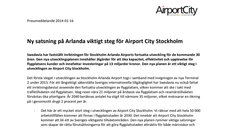 Ny satsning på Arlanda viktigt steg för Airport City Stockholm