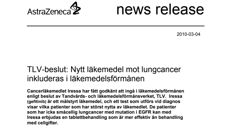 TLV-beslut: Nytt läkemedel mot lungcancer inkluderas i läkemedelsförmånen