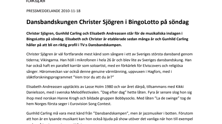 Dansbandskungen Christer Sjögren i BingoLotto på söndag