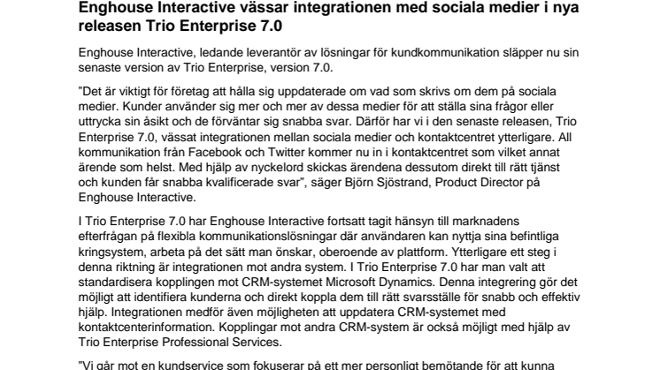 Enghouse Interactive vässar integrationen med sociala medier i nya releasen Trio Enterprise 7.0