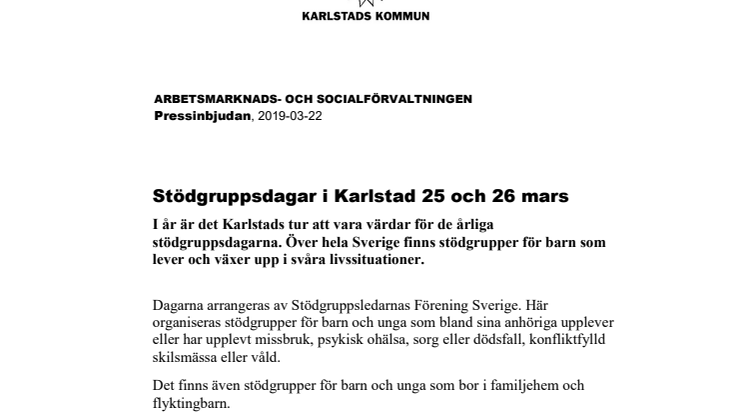 Stödgruppsdagar i Karlstad 25 och 26 mars