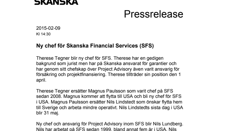Ny chef för Skanska Financial Services (SFS)