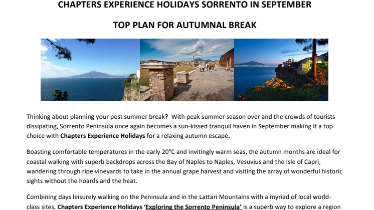 CHAPTERS EXPERIENCE HOLIDAYS SORRENTO IN SEPTEMBER  TOP PLAN FOR AUTUMNAL BREAK