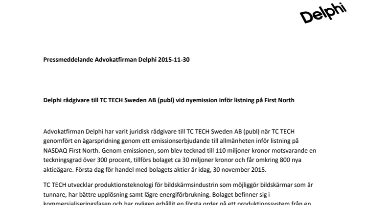 Delphi rådgivare till TC TECH Sweden AB (publ) vid nyemission inför listning på First North