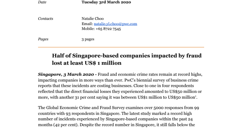 Half of Singapore-based companies impacted by fraud lost at least US$ 1 million
