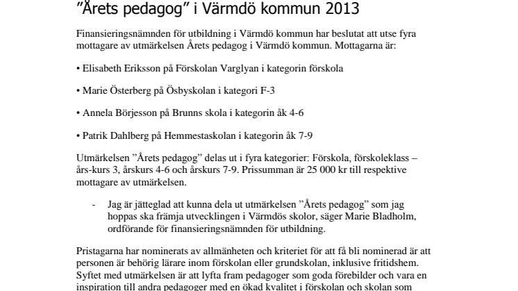 ”Årets pedagog” i Värmdö kommun 2013 
