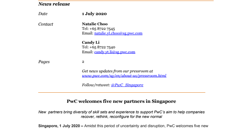 PwC welcomes five new partners in Singapore