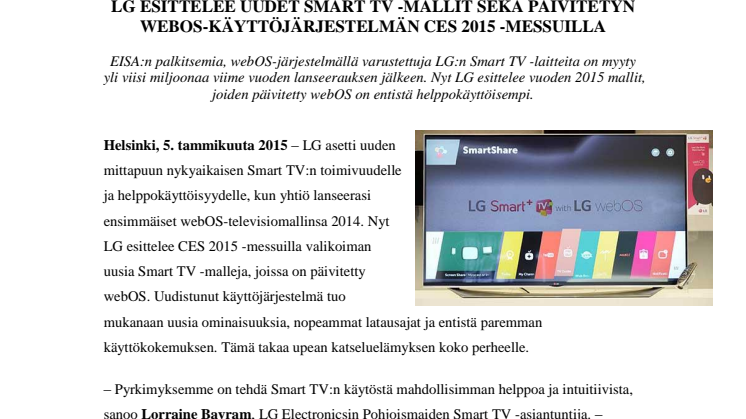 LG ESITTELEE UUDET SMART TV -MALLIT SEKÄ PÄIVITETYN WEBOS-KÄYTTÖJÄRJESTELMÄN CES 2015 -MESSUILLA