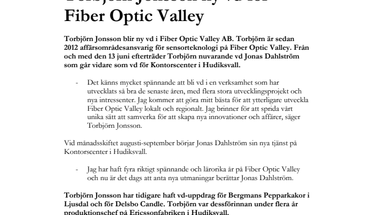 Torbjörn Jonsson ny vd för Fiber Optic Valley
