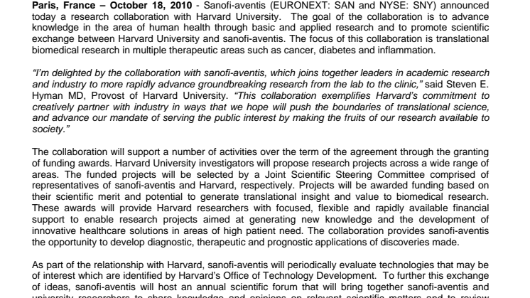 Sanofi-aventis Establishes Research Collaboration with Harvard University