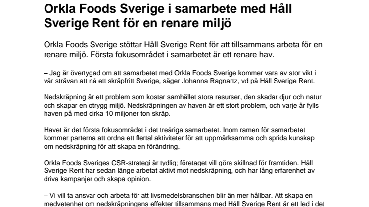 ​Orkla Foods Sverige i samarbete med Håll Sverige Rent för en renare miljö