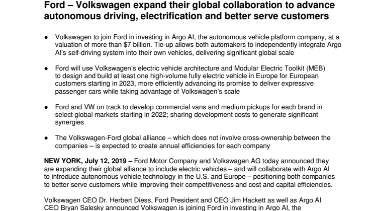 Ford og Volkswagen udvider globalt samarbejde til at omfatte selvkørende teknologier og elektrificering