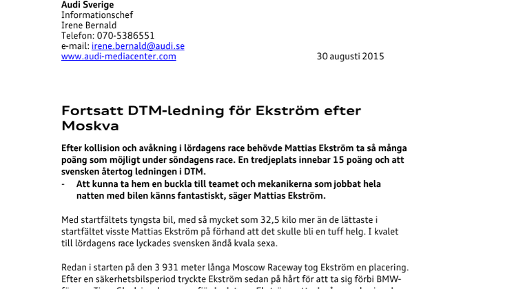 Fortsatt DTM-ledning för Ekström efter Moskva