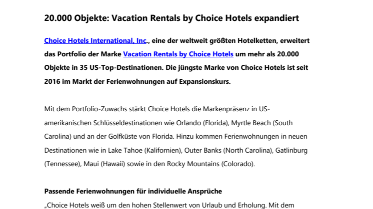 20.000 Objekte: Vacation Rentals by Choice Hotels expandiert