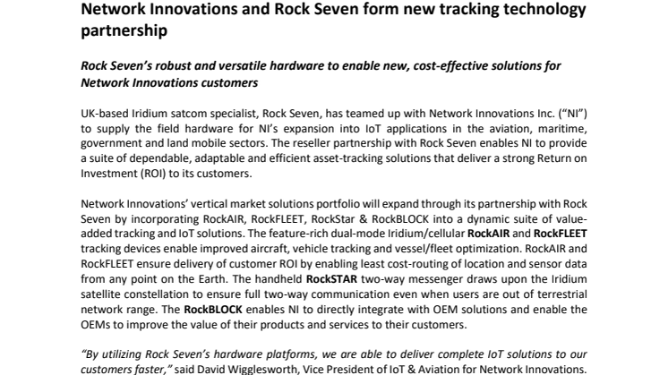 Rock Seven: Network Innovations and Rock Seven form new tracking technology partnership