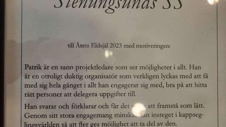 Patrik Johansson, Stenungsunds segelsällskap -årets eldsjäl 2023 - motivering