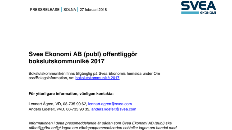 Svea Ekonomi AB (publ) offentliggör bokslutskommuniké 2017