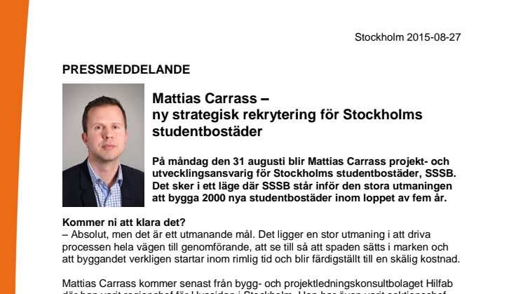 Mattias Carrass – ny strategisk rekrytering för Stockholms studentbostäder
