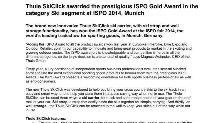 Thule SkiClick awarded the prestigious ISPO Gold Award in the category Ski segment at ISPO 2014, Munich