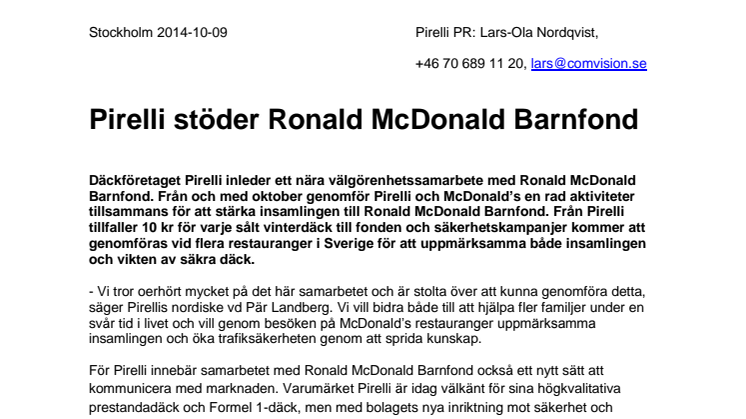 Pirelli stöder Ronald McDonald Barnfond