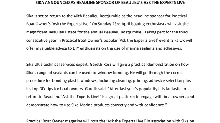 Sika: Sika Announced as Headline Sponsor of Beaulieu’s Ask the Experts Live
