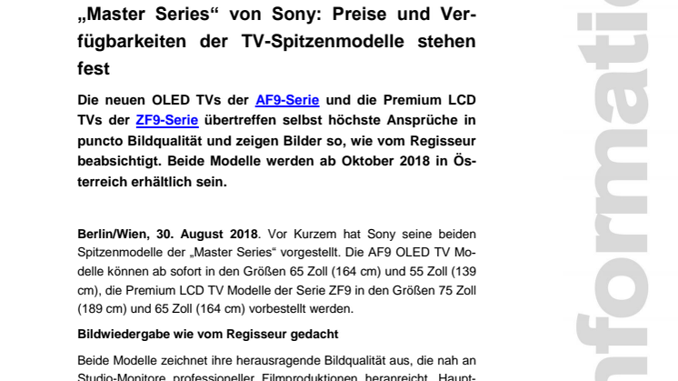 „Master Series“ von Sony: Preise und Verfügbarkeiten der TV-Spitzenmodelle stehen fest 