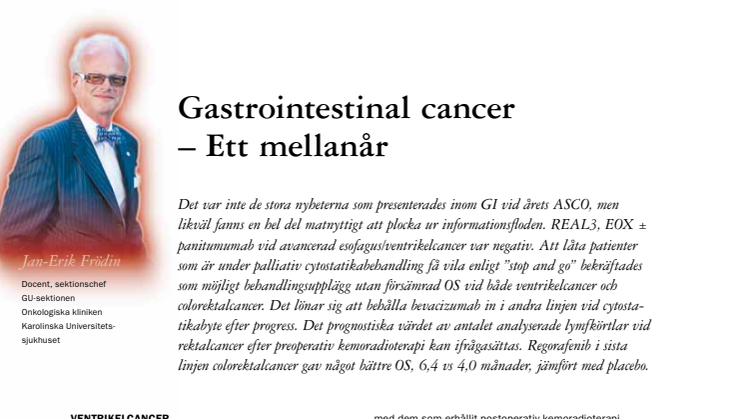 Docent Jan-Erik Frödin: Nytt om ventrikelcancer, pankreascancer och tarmcancer, ASCO 2012