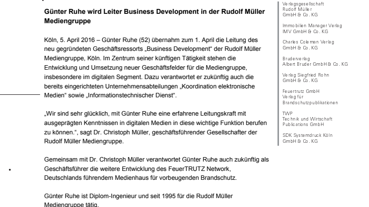 Günter Ruhe wird Leiter Business Development in der Rudolf Müller Mediengruppe 