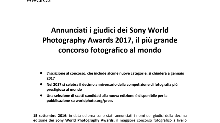 Annunciati i giudici dei Sony World Photography Awards 2017, il più grande concorso fotografico al mondo