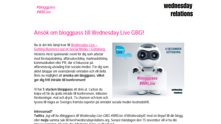 Ansök om bloggpass till Wednesday Live GBG!