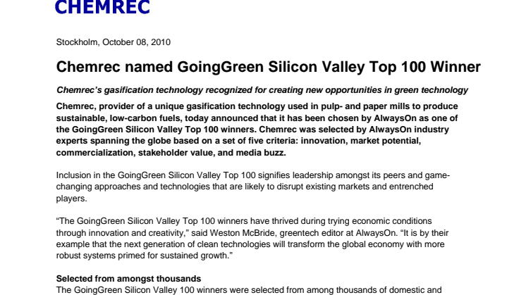 Chemrec named GoingGreen Silicon Valley Top 100 Winner