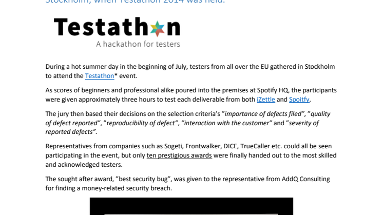 Utmärkelsen "bästa säkerhetsbrist" gavs till AddQ Consulting under Testathon 2014