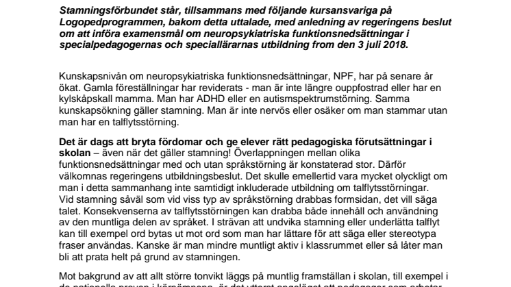 Uttalande från Stamningsförbundet 28 mars