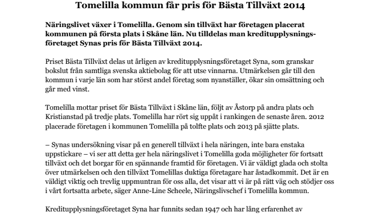 ​Tomelilla kommun får pris för Bästa Tillväxt 2014