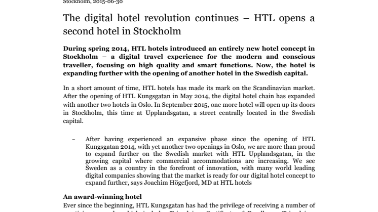 The digital hotel revolution continues – HTL opens a second hotel in Stockholm