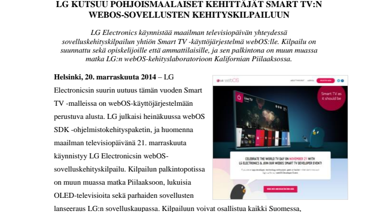 LG KUTSUU POHJOISMAALAISET KEHITTÄJÄT SMART TV:N WEBOS-SOVELLUSTEN KEHITYSKILPAILUUN