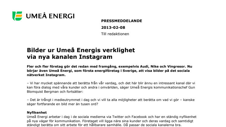 Bilder ur Umeå Energis verklighet via nya kanalen Instagram