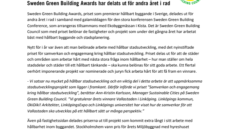 Sweden Green Building Awards har delats ut för andra året i rad