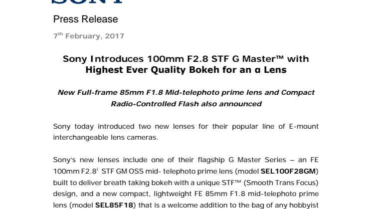 ​Sony julkaisee uuden 100 mm F2.8 STF G Master™ -objektiivin α-sarjan kaikkien aikojen laadukkaimmalla bokeh-efektillä