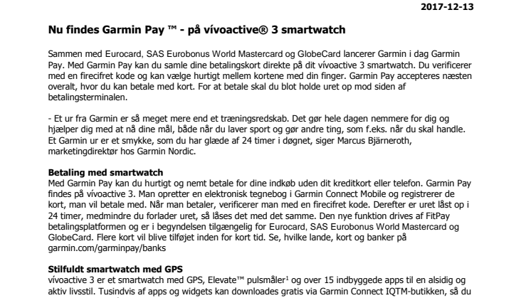 Nu findes Garmin Pay ™ - på vívoactive® 3 smartwatch